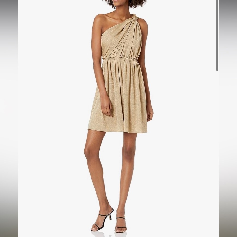Halston Womens Rory Gold Metallic Short Evening Cocktail and Party Dress NWT 0